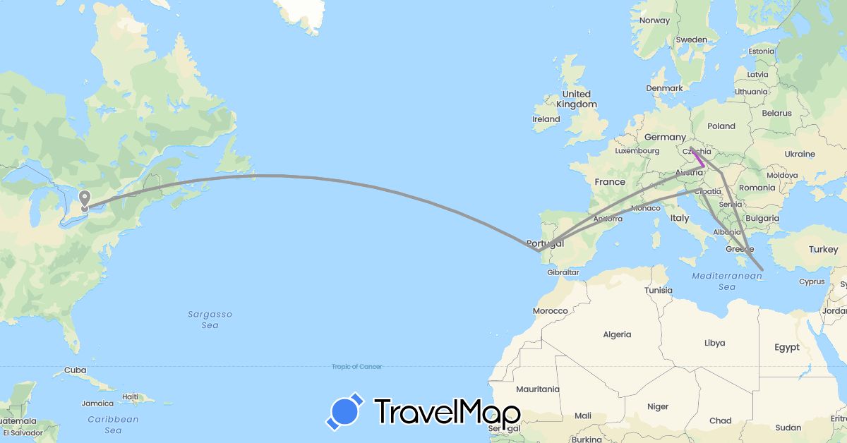 TravelMap itinerary: driving, plane, train in Austria, Canada, Czech Republic, Greece, Croatia, Hungary, Portugal (Europe, North America)